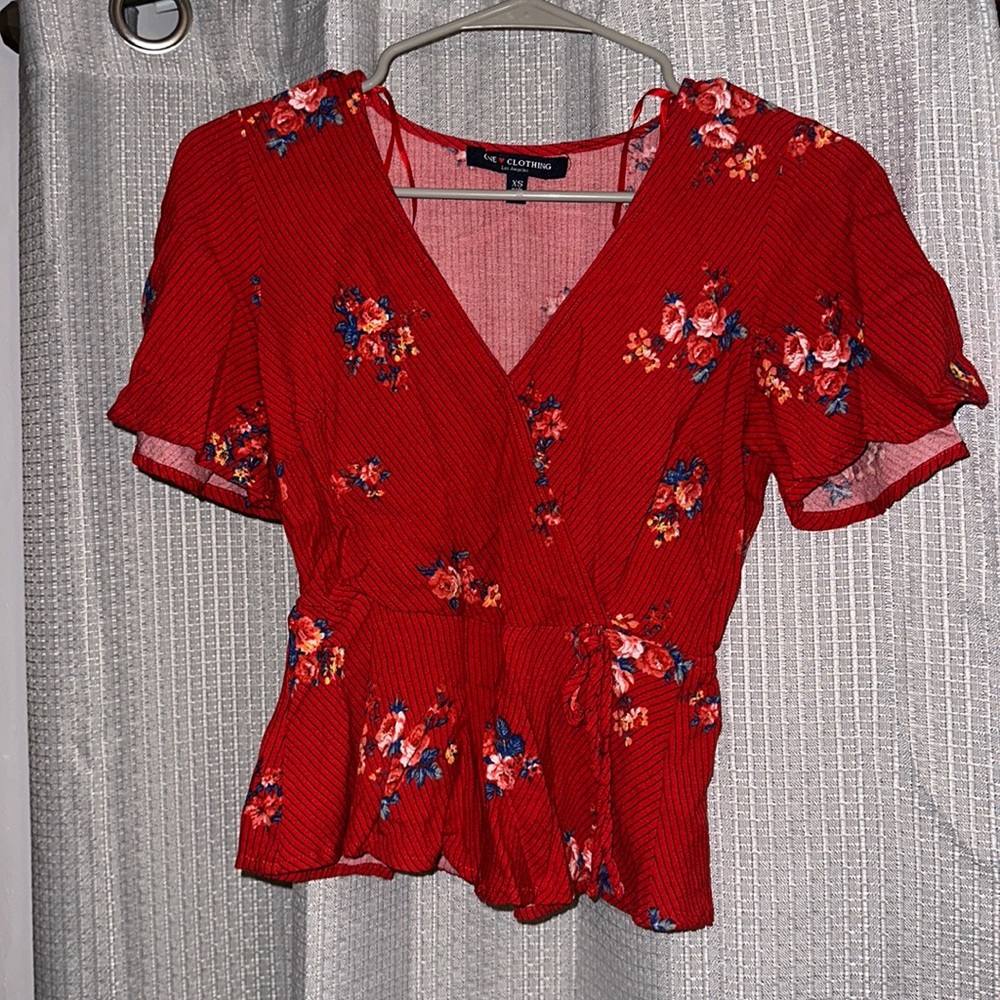 Red Striped Floral V-Neck Top